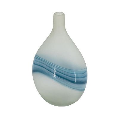 HomeRoots 16" White And Blue Swirl Art Glass Table Vase