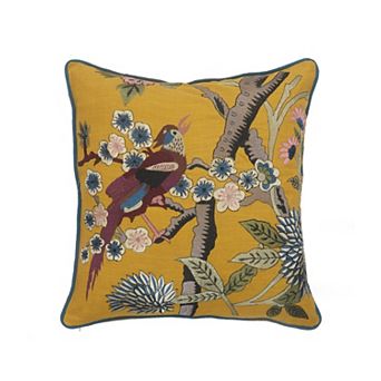 HomeRoots 20" Yellow And Blue Bird Floral Throw Pillow with Embroidery
