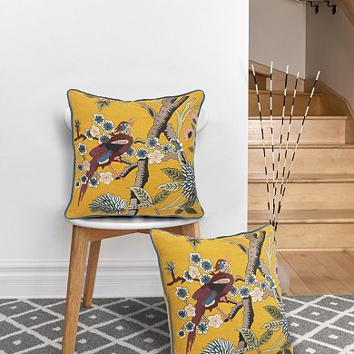 HomeRoots 20" Yellow And Blue Bird Floral Throw Pillow with Embroidery