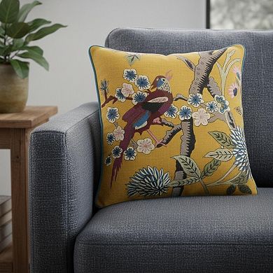 HomeRoots 20" Yellow And Blue Bird Floral Throw Pillow with Embroidery