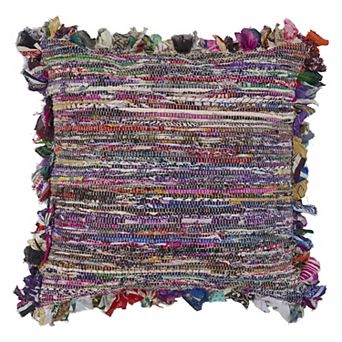 HomeRoots 26" Blue and Red Throw Pillow with Fringe