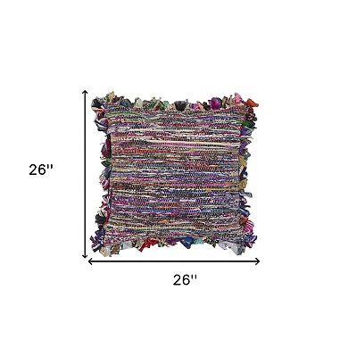 HomeRoots 26" Blue and Red Throw Pillow with Fringe