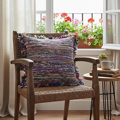 HomeRoots 26" Blue and Red Throw Pillow with Fringe