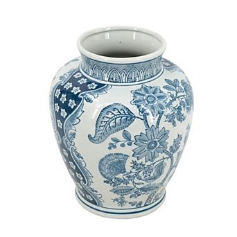 HomeRoots 11" Light Blue And White Floral Round Porcelain Jar