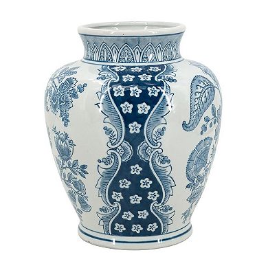 HomeRoots 11" Light Blue And White Floral Round Porcelain Jar