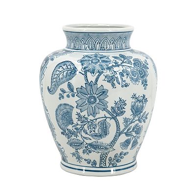 HomeRoots 11" Light Blue And White Floral Round Porcelain Jar