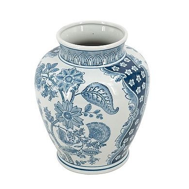 HomeRoots 11" Light Blue And White Floral Round Porcelain Jar