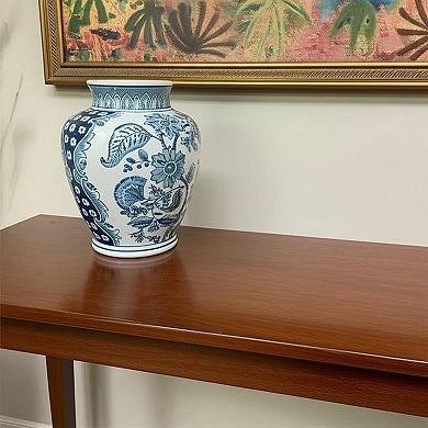 HomeRoots 11" Light Blue And White Floral Round Porcelain Jar