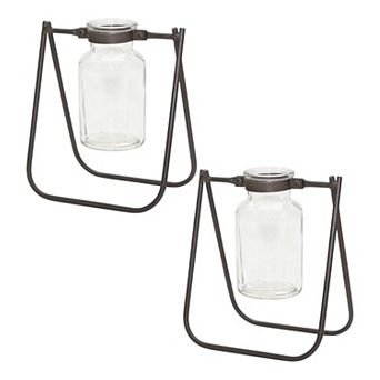 HomeRoots Set of Two Clear And Brown Glass And Metal Round Table Vases