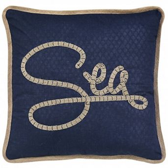 HomeRoots 17" Navy Blue and Brown Sea Throw Pillow with Embroidery