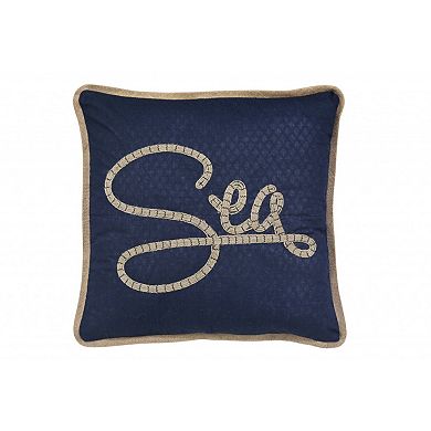 HomeRoots 17" Navy Blue and Brown Sea Throw Pillow with Embroidery