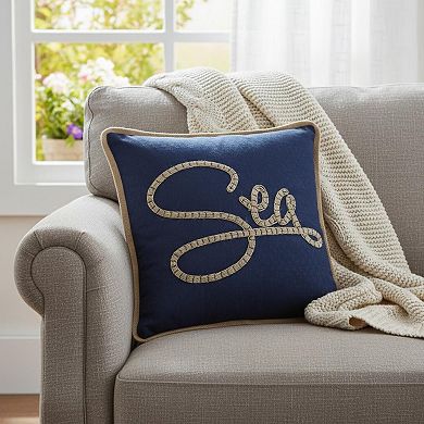 HomeRoots 17" Navy Blue and Brown Sea Throw Pillow with Embroidery