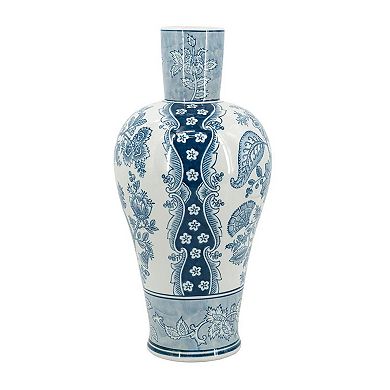 HomeRoots 17" Light Blue And White Floral Round Porcelain Table Vase