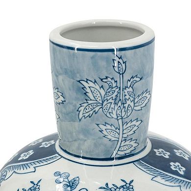 HomeRoots 17" Light Blue And White Floral Round Porcelain Table Vase