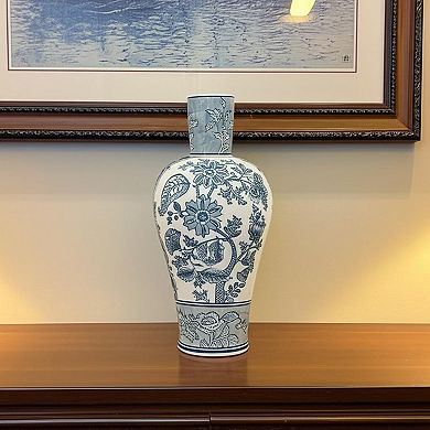 HomeRoots 17" Light Blue And White Floral Round Porcelain Table Vase