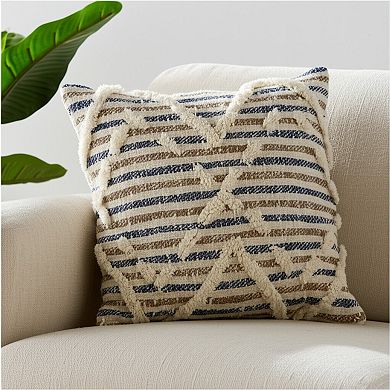 HomeRoots 18" Blue And Beige Cotton Striped Throw Pillow