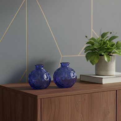 HomeRoots Set of Two Blue Glass Round Table Vases