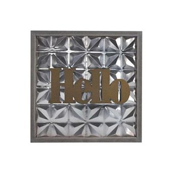 HomeRoots 14" X 14" Antiqued Brass And Gray Hello Metal And Wood Square Wall Decor