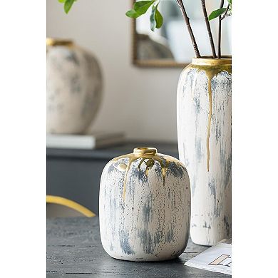 HomeRoots 8" Gray Ivory And Gold Modern Abstract Ceramic Table Vase