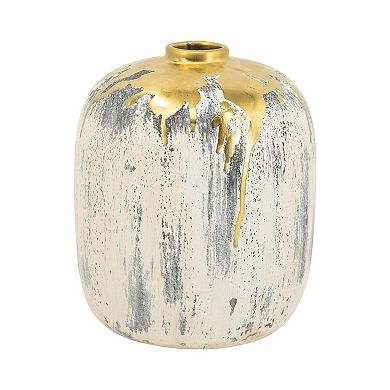 HomeRoots 8" Gray Ivory And Gold Modern Abstract Ceramic Table Vase