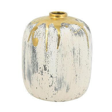 HomeRoots 8" Gray Ivory And Gold Modern Abstract Ceramic Table Vase