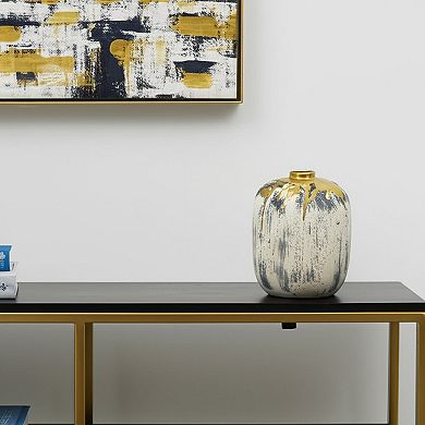 HomeRoots 8" Gray Ivory And Gold Modern Abstract Ceramic Table Vase