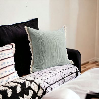 HomeRoots 20" X 20" Green Cotton Zippered Down Pillow With Fringe