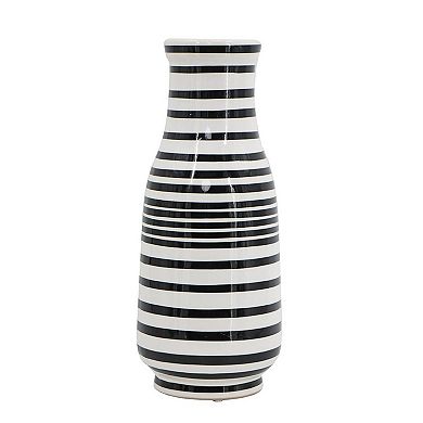 HomeRoots 18" Black And White Hand Painted Stripe Ceramic Table Vase