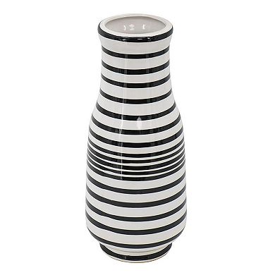 HomeRoots 18" Black And White Hand Painted Stripe Ceramic Table Vase