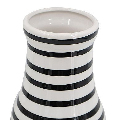 HomeRoots 18" Black And White Hand Painted Stripe Ceramic Table Vase