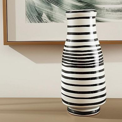HomeRoots 18" Black And White Hand Painted Stripe Ceramic Table Vase