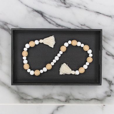 HomeRoots 38" White And Natural Wood And Fabric Hand Painted Decorative Tassel