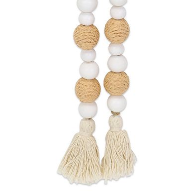 HomeRoots 38" White And Natural Wood And Fabric Hand Painted Decorative Tassel
