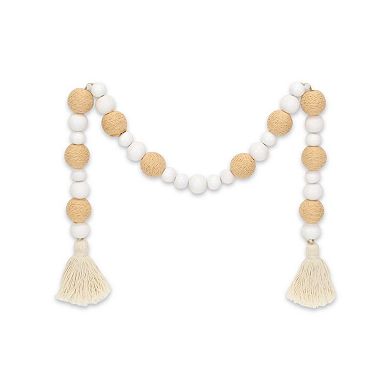 HomeRoots 38" White And Natural Wood And Fabric Hand Painted Decorative Tassel