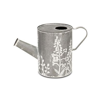 HomeRoots 8" Gray And White Galvanized Metal Flowers Hand Painted Decorative Watering Can