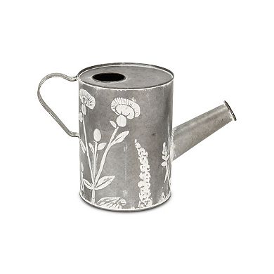 HomeRoots 8" Gray And White Galvanized Metal Flowers Hand Painted Decorative Watering Can