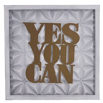 HomeRoots 14" X 14" Antiqued Brass And White Yes You Can Metal And Wood Square Wall Decor