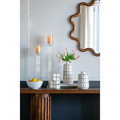 HomeRoots 12" Ivory And Gold Geometric Cylindrical Ceramic Table Vase