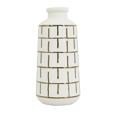 HomeRoots 12" Ivory And Gold Geometric Cylindrical Ceramic Table Vase
