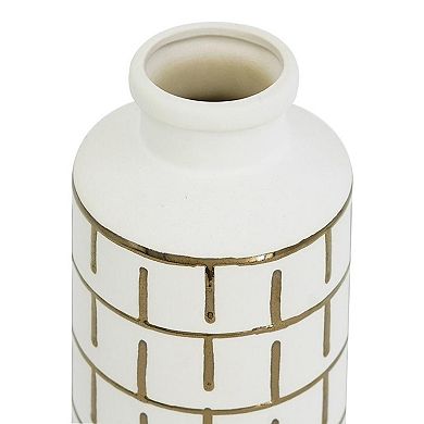 HomeRoots 12" Ivory And Gold Geometric Cylindrical Ceramic Table Vase