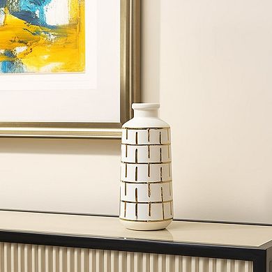 HomeRoots 12" Ivory And Gold Geometric Cylindrical Ceramic Table Vase