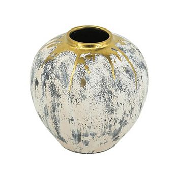 HomeRoots 12" Gray Ivory And Gold Modern Abstract Ceramic Table Vase