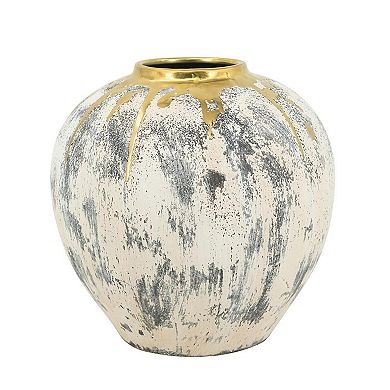 HomeRoots 12" Gray Ivory And Gold Modern Abstract Ceramic Table Vase