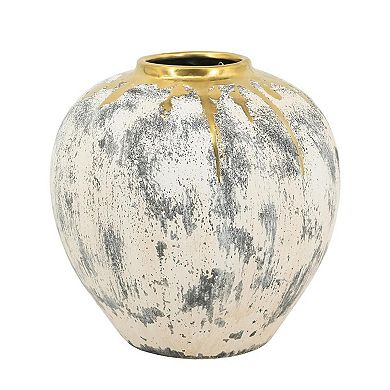 HomeRoots 12" Gray Ivory And Gold Modern Abstract Ceramic Table Vase