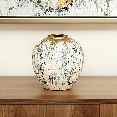 HomeRoots 12" Gray Ivory And Gold Modern Abstract Ceramic Table Vase