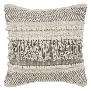 HomeRoots 20" Beige and Ivory Throw Pillow with Fringe