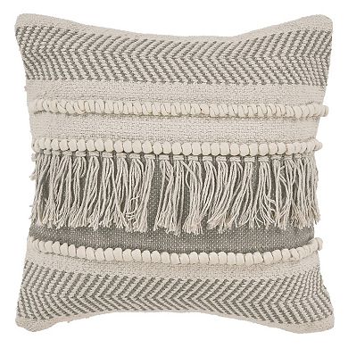 HomeRoots 20" Beige and Ivory Throw Pillow with Fringe