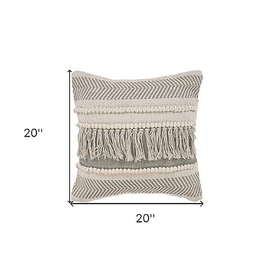 HomeRoots 20" Beige and Ivory Throw Pillow with Fringe