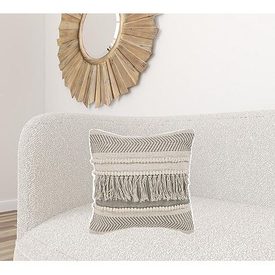 HomeRoots 20" Beige and Ivory Throw Pillow with Fringe