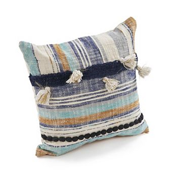 HomeRoots 18" Blue and Beige Throw Pillow with Tassels